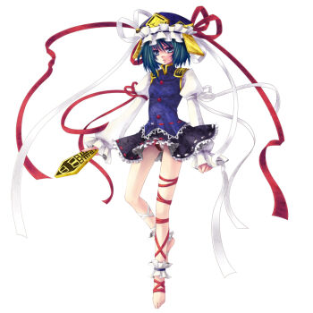 1girl ankle_garter bad_id bad_pixiv_id barefoot blue_eyes female_focus full_body green_eyes green_hair hat leg_ribbon matching_hair/eyes mikazuki_sara panties ribbon rod_of_remorse shiki_eiki short_hair simple_background solo standing touhou underwear white_background