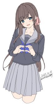 1girl absurdres black_shirt blue_bow blue_eyes blush bow braid breasts brown_hair collarbone commentary grey_sailor_collar grey_skirt hair_ribbon heart heart_hands highres long_hair long_sleeves looking_at_viewer open_mouth original pink_ribbon pleated_skirt ribbon sailor_collar school_uniform shirt simple_background skirt smile solo symbol-only_commentary unasaka_ryou white_background