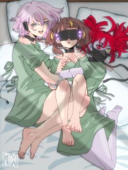 Rule 34 | 3girls, anya melfissa, bandaged arm, bandages, barefoot, bed, brown hair, colored skin, feet, gradient hair, grey hair, hair ornament, head-mounted display, heterochromia, highres, hololive, hololive indonesia, hospital gown, hug, jasper xandros, kureiji ollie, long hair, mask, multicolored hair, multiple girls, open mouth, pavolia reine, pillow, red eyes, red hair, scar, soles, streaked hair, toes, twintails, virtual youtuber, yellow eyes, zombie