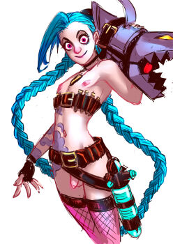 1boy absurdres androgynous belt blue_hair braid creepy_smile fingerless_gloves flaccid gender_request genderswap gloves hairline highres jinx_(league_of_legends) league_of_legends long_hair looking_at_viewer male_focus nipples nude penis pink_eyes ripushko simple_background small_penis solo tattoo testicles thighhighs trap twin_braids weapon white_background