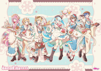 1other 2boys 4girls apron aqua_eyes aqua_hair bag_of_cookies bagel_sandwich basket bass_clef beamed_eighth_notes beret blonde_hair blue_dress blue_eyes bonnet boots bow brown_boots brown_eyes brown_gloves brown_hair brown_hat brown_slippers cake cake_slice character-themed_food character_logo character_name checkerboard_cookie cherry collared_dress commentary cookie cookie_hair_ornament copyright_request crepe cup cupcake detached_sleeves donut dress eighth_note food food-themed_hair_ornament food_bite fruit full_body fur-trimmed_dress fur-trimmed_sleeves fur_trim gloves grin hair_bow hair_ornament hair_rings hand_up hat hat_tip hatsune_miku high_heels holding holding_basket holding_donut holding_food holding_key holding_picnic_basket holding_teapot holding_tray kagamine_len kagamine_rin kaito_(vocaloid) key knee_boots knife lace-up_boots lock logo long_hair looking_at_viewer megurine_luka meiko meiko_(vocaloid) mikkun_04 multiple_boys multiple_girls musical_note musical_note-themed_food neckerchief necktie official_art orange_hat outline padlock pantyhose parfait picnic_basket pink_hair pink_neckerchief pink_necktie pretzel puffy_short_sleeves puffy_sleeves rabbit_yukine roller_shoes second-party_source shirt shoes short_hair short_sleeves side-by-side slippers smile snowflake_print snowflakes sprinkles strawberry strawberry_shortcake strawberry_slice striped_clothes striped_pantyhose sweets swiss_roll teacup teapot thighhighs tray treble_clef twintails very_long_hair vocaloid waist_apron white_apron white_bow white_gloves white_outline white_pantyhose white_shirt white_sleeves white_thighhighs wide_sleeves yuki_kaito yuki_len yuki_luka yuki_meiko yuki_miku yuki_miku_(2026) yuki_rin