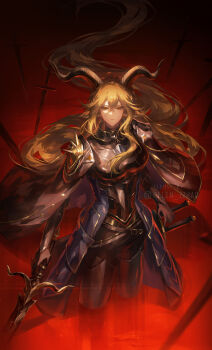 Rule 34 | 1girl, animal ears, arknights, armor, black gloves, blonde hair, blood, breastplate, cape, closed mouth, commentary, degenbrecher (arknights), english commentary, gloves, goat ears, goat girl, goat horns, hair between eyes, helen zzhao, highres, holding, holding sword, holding weapon, horns, long hair, long sleeves, looking at viewer, planted, planted sword, planted weapon, pool of blood, shoulder armor, solo, standing, sword, very long hair, weapon, yellow eyes