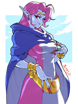 1girl asymmetrical_bangs blue_skin bracelet breasts cape circlet cloud cloudy_sky colored_skin commentary commentary_request dark_elf dress earrings elf facing_to_the_side fingernails fortune_teller jewelry light_smile lips long_fingernails long_hair looking_at_viewer medium_breasts mishaela_(shining_force) nose okeko open_hands pink_hair pointy_ears red_eyes red_nails shining_(series) shining_force_i simple_background single_earring sky solo solo_focus translation_request two-tone_dress upper_body