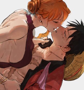 1boy 1girl back backless_dress backless_outfit bangle bare_shoulders black_hair blush bracelet breasts commentary cross_scar dress earrings eye_contact face-to-face facial_scar from_side hair_up hat hetero highres imminent_kiss jacket jewelry large_breasts looking_at_another looking_at_viewer mcbuckwheat monkey_d._luffy nami_(one_piece) official_alternate_costume official_alternate_hairstyle one_piece open_clothes open_shirt orange_hair parted_lips pearl_earrings pectorals profile red_dress red_jacket scar scar_on_cheek scar_on_chest scar_on_face sideboob single_sidelock straw_hat symbol-only_commentary upper_body wavy_hair