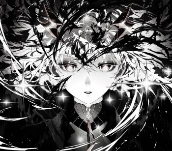 Rule 34 | 1girl, commentary request, cowboy shot, earrings, eyelashes, greyscale, highres, jewelry, monochrome, nose, open mouth, original, solani, solo, sparkle, star-shaped pupils, star (symbol), symbol-shaped pupils, white hair, zipper