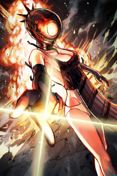 1girl absurdres apron black_apron black_gloves bomb_devil_(chainsaw_man) breasts chainsaw_man cleavage elbow_gloves explosion gloves highres imminent_attack medium_breasts object_head panties smoke solo teeth underwear white_panties xxx_akc