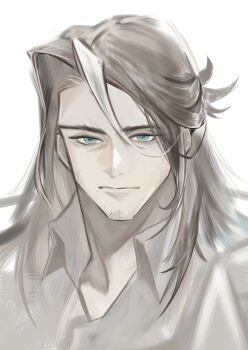 1boy absurdres arknights babu_don_(don_10_13) beard_stubble brown_hair collared_shirt commentary_request facial_hair hair_between_eyes highres long_hair looking_at_viewer male_focus mature_male multicolored_hair portrait shirt solo streaked_hair stubble thick_eyebrows totter_(arknights) white_background white_hair