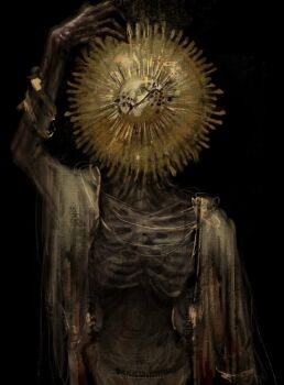 1boy arm_up black_background bracelet cape colored_skin commentary elden_ring eldrtchmoon emaciated english_commentary gold_bracelet goldmask's_mask goldmask_(elden_ring) grey_skin jewelry male_focus mask painterly solo torn_clothes upper_body watermark white_cape