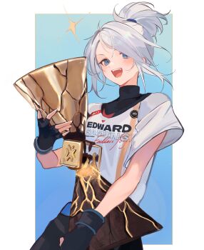 1girl absurdres blue_eyes cowboy_shot edward_gaming fingerless_gloves gloves high_ponytail highres holding holding_trophy jersey jett_(valorant) katsubaoo pants ponytail trophy valorant valorant_champions_tour white_hair