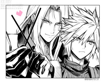 Rule 34 | 2boys, armor, black gloves, bnbnt0131, closed mouth, cloud strife, final fantasy, final fantasy vii, food, gloves, heart, highres, holding, holding food, holding pocky, long hair, male focus, multiple boys, pauldrons, pocky, pocky day, sephiroth, short hair, shoulder armor, slit pupils, smile, spiked hair, sweatdrop, turtleneck, twitter username, watermark, yaoi