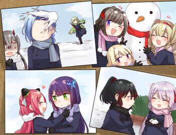 Rule 34 | > o, +++, 6+girls, :d, ^ ^, adjusting another's clothes, ahoge, arms at sides, arms under breasts, assault lily, black boots, black coat, black gloves, black scarf, black thighhighs, blank eyes, blonde hair, blue hair, blue sky, blunt bangs, blush, boots, braid, braided ponytail, brown hair, bulletin board, bush, butterfly hair ornament, buttons, closed eyes, closed mouth, cloud, coat, commentary request, crossed arms, deformed, double-breasted, drill hair, facing another, fang, flower, fujita asagao, funada kiito, funada ui, gloves, green eyes, green hair, grey hair, grey scarf, hair flower, hair intakes, hair ornament, hair ribbon, hairclip, hairpods, hand up, hands up, heart, high ponytail, hitting, horns, igusa subaru, imamura yukari (assault lily), kawabata hotaru, knee boots, komai sumire, kozue west, leg up, long hair, long sleeves, looking at viewer, matching outfits, mechanical horns, mole, mole under eye, mole under mouth, multiple girls, nagasawa yuki (assault lily), nigari (ngari 0115), no eyes, one eye closed, open mouth, outdoors, parted bangs, photo (object), pink flower, pink scarf, ponytail, profile, purple eyes, purple hair, rectangular eyes, red eyes, red hair, red horns, red ribbon, red scarf, ribbon, scarf, shaded face, shiba tomoshibi, short hair, siblings, side braid, single braid, sisters, sitting, skin fang, sky, smile, snow rabbit, snowball, snowball fight, snowman, standing, standing on one leg, sweatdrop, thighhighs, throwing, turn pale, twin drills, twintails, v-shaped eyebrows, white scarf, winter, winter clothes