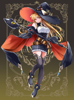 Rule 34 | 1girl, bardiche (nanoha), bardiche (standby form) (nanoha), bare shoulders, belt, black boots, black coat, black corset, black dress, black gloves, black hat, black thighhighs, blonde hair, book, boots, border, breasts, brown belt, closed mouth, coat, coat partially removed, commentary request, copyright name, corset, cross-laced clothes, cross-laced corset, dress, fate testarossa, fold-over boots, full body, gloves, gradient background, hat, highres, holding, holding staff, inset border, large breasts, long hair, looking at viewer, lyrical nanoha, mahou shoujo lyrical nanoha strikers, ornate border, red eyes, shirt, short dress, sleeveless, sleeveless dress, smile, solo, sougetsu izuki, staff, thighhighs, two-handed, very long hair, white shirt, witch hat