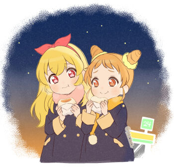 2girls aikatsu! aikatsu!_(series) arisugawa_otome blonde_hair blue_coat bow brown_eyes brown_hair coat commentary_request cone_hair_bun convenience_store double_bun eating food hair_bow hair_bun hairband hands_up highres holding holding_food hoshimiya_ichigo kinakona long_hair long_sleeves multiple_girls night outdoors red_eyes scarf shop short_hair sky smile steamed_bun upper_body winter_clothes