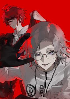 2boys absurdres ahoge aotsuki_eito bag black_gloves black_hair black_pants blood blood_on_face blue_jacket censored chinese_commentary closed_mouth commentary_request drawstring expressionless eyelashes glasses gloves grey_eyes grey_hair grey_jacket hair_between_eyes hand_up highres holding holding_bag hood hood_down hoodie jacket jacket_over_hoodie long_sleeves male_focus mosaic_censoring multicolored_hair multicolored_jacket multiple_boys open_clothes open_jacket open_mouth pants red_background red_hair round_eyewear short_hair simple_background smile streaked_hair sumino_takumi the_hundred_line_-last_defense_academy- thigh_strap trash_bag tusei two-tone_hair two-tone_jacket white_hoodie white_jacket