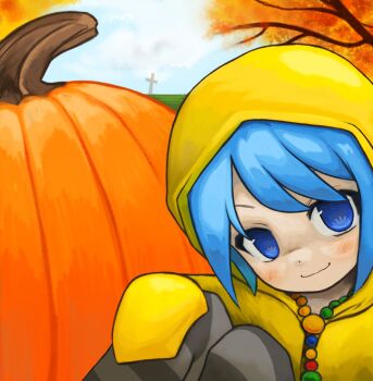 1girl autumn autumn_leaves bead_necklace beads blue_eyes blue_hair blue_sky blush close-up cloud cloudy_sky commentary cross english_commentary grey_thighhighs hand_on_own_knee highres hood hood_up horizon jacket jewelry jubilee_2025 knees_up leaf light_smile looking_at_viewer luce_(jubilee_2025) necklace on_ground orange_leaf prayer_beads pumpkin raincoat rosary short_hair sitting sky sleeves_past_fingers sleeves_past_wrists smile solo striped_clothes striped_thighhighs swept_bangs symbol-shaped_pupils thighhighs tree very_long_sleeves yellow_jacket yellow_raincoat zoolpal