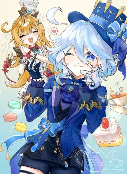2girls :d :q ahoge apron ascot asymmetrical_gloves black_gloves blonde_hair blue_ascot blue_eyes blue_hair blue_hat blue_jacket cake cake_slice chef_hat closed_mouth commentary_request cup drop-shaped_pupils escoffier_(genshin_impact) food fork fork_hair_ornament fruit furina_(genshin_impact) genshin_impact gloves hair_between_eyes hair_ornament hand_on_own_face hands_up hat heart highres holding holding_fork hydro_symbol_(genshin_impact) jacket long_hair long_sleeves looking_at_viewer macaron mismatched_gloves multicolored_hair multiple_girls one_eye_closed open_mouth own_hands_together smile spoken_heart strawberry streaked_hair sugar_cube symbol-shaped_pupils teacup tongue tongue_out top_hat vision_(genshin_impact) white_apron white_gloves white_hair white_hat wrist_cuffs yuyu_shiki07