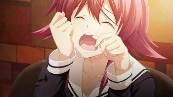Rule 34 | 1girl, black dress, blush, breasts, chaos;child, chaos;child love chu chu!!, clenched teeth, collarbone, colored eyelashes, crying, dress, facing to the side, from below, game cg, hair between eyes, hekiho academy, hekiho academy school uniform, highres, indoors, light particles, long sleeves, non-web source, official art, onoe serika, open mouth, pink hair, sad, sailor collar, sasaki mutsumi, school uniform, science adventure, short hair, short hair with long locks, sidelocks, smile, sobbing, solo, streaming tears, tears, teeth, tongue, upper teeth only, white sailor collar, wiping tears