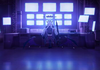 1girl armband artist_request black_boots black_halo black_horns black_skirt black_thighhighs black_wings blue_archive boots buttons computer crossed_arms demon_horns demon_wings desk double-breasted game_cg gold_buttons gun hair_ornament hairclip halo highres hina_(blue_archive) horns indoors knee_boots long_hair low_wings machine_gun microphone monitor multiple_monitors non-web_source official_art pencil_skirt phone purple_eyes red_armband school_uniform side_slit skirt solo spoilers standing straight-on thighhighs very_long_hair weapon white_hair wings