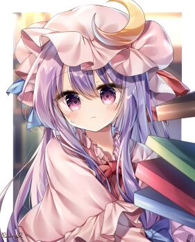 1girl absurdres blue_bow blurry blurry_background blush book bookshelf border bow bowtie commentary crescent crescent_hat_ornament floating floating_book floating_object frilled_hat frilled_robe frills hair_bow hat hat_ornament highres long_hair looking_at_viewer mob_cap outside_border patchouli_knowledge pink_hat pink_robe pudding_(skymint_028) purple_eyes purple_hair red_bow red_bowtie robe signature solo straight_hair sweatdrop touhou upper_body very_long_hair white_border
