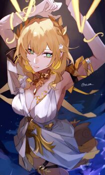 1girl absurdres aglaea_(honkai:_star_rail) armpits blonde_hair blue_background breasts chest_tattoo cleavage dress floral_print flower gold_necklace green_eyes hair_flower hair_ornament hashtag-only_commentary highres honkai:_star_rail honkai_(series) jewelry large_breasts laurel_crown necklace parted_lips shino_(moi_0142) solo tattoo thigh_strap thread white_dress