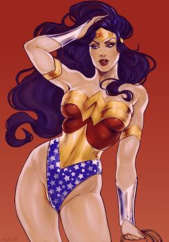 1girl absurdres bare_shoulders bikini blue_eyes blue_hair blush bracer breasts commentary curvy dc_comics diana_prince english_commentary gold_bracer gold_tiara highres holding_lasso lasso lasso_of_truth leotard long_hair miruki09 print_bikini red_lips smile star_(symbol) star_print star_print_bikini superhero_costume swimsuit thighs tiara wide_hips wonder_woman wonder_woman_(series)