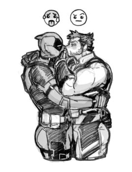 2boys ass bara beard belt bodysuit couple deadpool deadpool_&amp;_wolverine deadpool_(series) dishing emoji facial_hair gloves highres hug imminent_kiss looking_at_another male_focus marvel marvel mask monochrome multiple_boys muscular muscular_male pectorals raised_eyebrows short_hair sleeveless superhero_costume utility_belt wolverine_(x-men) x-men yaoi