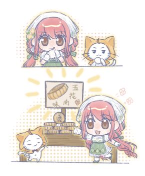 1girl :3 :q ahoge animal apron black_bow black_eyes black_ribbon bow bowtie brown_eyes cat chibi chinese_commentary chinese_text cloak closed_eyes closed_mouth clothed_animal commentary_request cooking cropped_torso dress ear_covers eyelashes floral_print gloves green_apron green_shoes hair_bow hair_ribbon halftone happy headscarf highres hood hood_up hooded_cloak infinity_nikki kneehighs long_dress long_hair low_twintails meadow_symphony_(infinity_nikki) momo_(nikki) mooncake navel nikki_(nikki) nikki_(series) notice_lines open_mouth outline pink_hair print_apron print_dress puffy_short_sleeves puffy_sleeves red_bow red_bowtie ribbon sequential shoes short_sleeves sidelocks sign simple_background smile socks table tareme tongue tongue_out traditional_bowtie translation_request tress_ribbon twintails very_long_hair wavy_hair whiskers white_background white_cat white_dress white_gloves white_headscarf white_socks xianmaobuchiyu yellow_cloak yellow_outline