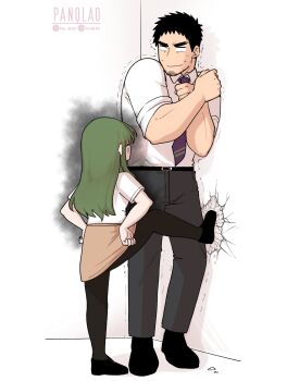 Rule 34 | 1boy, 1girl, against wall, anger vein, black eyes, black hair, blush, broken wall, business suit, corner, crack, cracked wall, facial hair, feet against wall, formal clothes, goatee, goatee stubble, green eyes, green hair, height difference, highres, igarashi futaba, kabedon, medium hair, muscular, muscular male, necktie, office lady, panqlao, pantyhose, salaryman, scared, senpai ga uzai kouhai no hanashi, shirt, short hair, stubble, suit, takeda harumi, thick eyebrows, trembling