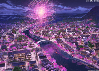 3d aerial_fireworks architecture arsenixc boat bridge cherry_blossoms cherry_tree city_lights cloud commentary commentary_request copyright_name copyright_notice east_asian_architecture english_commentary fireworks fog forest from_above highres hill lamppost mixed-language_commentary nature night night_sky nikki_(series) official_art people reflection reflective_liquid river road scenery shining_nikki sky star_(sky) starry_sky town tree wagon water watercraft