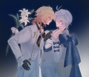 Rule 34 | 2boys, absurdres, alternate costume, antenna hair, black choker, black gloves, blonde hair, blue bow, blue eyes, bow, braid, chinese commentary, choker, commentary request, facial tattoo, from side, gloves, gradient hair, highres, honkai: star rail, honkai (series), jacket, male focus, medium hair, multicolored hair, multiple boys, mydei (honkai: star rail), one eye closed, pants, parted bangs, phainon (honkai: star rail), profile, red hair, red tattoo, short hair, side braid, suit jacket, tattoo, white hair, white jacket, white lily, white pants, yaoi, yellow eyes, yinsubaihuai