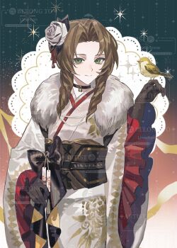 Rule 34 | 1girl, aerith gainsborough, aerith gainsborough (festive crimson attire), artist name, bird, bird on hand, black choker, brown gloves, brown hair, choker, commentary request, cowboy shot, final fantasy, final fantasy vii, final fantasy vii: ever crisis, flower, frilled sleeves, frills, fur-trimmed kimono, fur trim, gloves, gold trim, green eyes, hair bun, hair flower, hair ornament, highres, japanese clothes, kimono, light smile, linerhan, long hair, looking at viewer, obi, official alternate costume, official alternate hairstyle, parted bangs, pendant choker, red trim, sash, sidelocks, solo, tassel, tassel hair ornament, updo, watermark, white flower, white kimono, wide sleeves