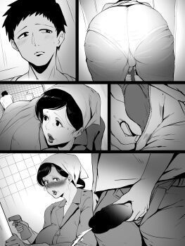 1boy 1girl absurdres age_difference breasts cleavage highres huge_breasts janitor large_breasts onee-shota pee public_restroom shota toshi_(8868750)