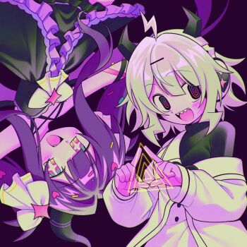 +_+ 2girls @_@ black_dress black_sweater bow buttons collarbone commentary_request dress fake_horns fang frilled_dress frills hair_bow hair_ornament hairclip headphones heart helmet highres horned_helmet horns jacket jacket_partially_removed long_hair looking_at_viewer menma_(enaic31) multicolored_eyes multiple_girls multiple_hairclips open_mouth purple_background purple_hair purple_theme purple_trim q-chan_(yunyun_denpa_syndrome) sharp_teeth short_hair smile sweater teeth triangle_hands turtleneck turtleneck_sweater twintails white_bow white_hair white_jacket yunyun_(yunyun_denpa_syndrome) yunyun_denpa_syndrome