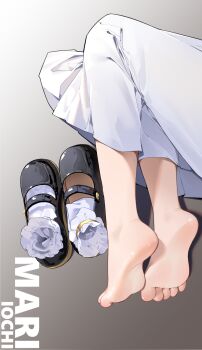 1girl barefoot black_shoes blue_archive bobby_socks character_name chinese_commentary commentary_request dress feet foot_focus highres lower_body mari_(blue_archive) mary_janes painterliuhao shoes socks soles solo toes unworn_shoes unworn_socks white_dress white_socks