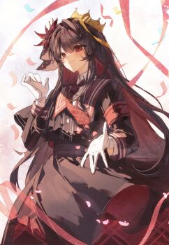 1girl absurdres armband artist_request black_capelet black_hair black_shirt black_skirt capelet closed_mouth commentary commission confetti cowboy_shot crown english_commentary flower hair_flower hair_ornament hand_up highres long_hair long_sleeves looking_at_viewer mahou_shoujo_no_majo_saiban necktie nikaido_hiro red_armband red_eyes red_flower red_necktie second-party_source shirt skirt smile solo streamers