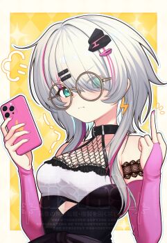Rule 34 | 1girl, aqua eyes, argyle background, bare shoulders, belt collar, breasts, cellphone, closed mouth, collar, earrings, fishnet top, fishnets, fur31mu, glasses, grey hair, hair ornament, highres, jewelry, lace, lace-trimmed shirt, lace trim, lightning bolt, lightning bolt earrings, lightning bolt hair ornament, lightning bolt symbol, long hair, looking at viewer, middle finger, multicolored hair, phase connect, phone, pink hair, pink nails, pout, rinkou ashelia, rinkou ashelia (lia 2.0), shirt, smartphone, solo, streaked hair, upper body, virtual youtuber, yellow-framed eyewear