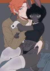 Rule 34 | 1boy, 1girl, :&lt;, animal ears, artist name, black hair, black panties, black shirt, blue eyes, blue pants, body fur, breasts, brown eyes, brown sweater, closed mouth, colored sclera, commentary, covered nipples, english commentary, freckles, grey fur, grey sclera, hand up, hands up, highres, invisible chair, leotard, long sleeves, looking at viewer, monster girl, on lap, one eye closed, orange hair, original, panties, pants, panty lift, playboy bunny, rabbit ears, rabbit tail, shirt, short hair, sitting, small breasts, sparrowl, sweater, tail, thighhighs, thong, underwear, white thighhighs, wrist cuffs