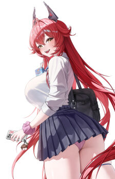 1girl absurdres alternate_costume ass bag blue_skirt breasts character_charm charm_(object) commander_(nikke) commentary drink_carton goddess_of_victory:_nikke highres holding holding_phone horns juice_box large_breasts long_hair looking_at_viewer mechanical_horns open_mouth panties phone pleated_skirt red_hair red_hood_(nikke) school_bag school_uniform scrunchie shirt simple_background skirt smile solo thighs ttugi underwear very_long_hair white_background white_shirt wrist_scrunchie yellow_eyes