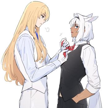 1boy 1girl :p adjusting_another&#039;s_clothes alternate_costume animal_ears ascot black_hairband black_pants black_vest blonde_hair blue_ascot blue_eyes blue_shirt caenis_(fate) collared_shirt dark-skinned_female dark_skin extra_ears fate/grand_order fate_(series) formal_clothes from_side gloves hair_between_eyes hair_intakes hairband hand_in_pocket hands_up highres horse_ears kirschtaria_wodime long_hair long_sleeves looking_at_viewer looking_down low_ponytail necktie pants parted_lips ponytail ponytail_holder profile puff_of_air red_necktie sabamori shirt simple_background sleeves_rolled_up tongue tongue_out tying_necktie vest white_background white_gloves white_hair white_pants white_shirt white_vest