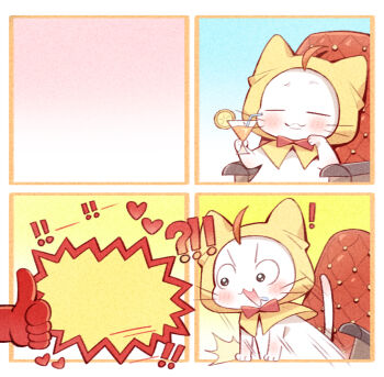 Rule 34 | !, !!, !?, ^^^, animal, animal focus, armchair, artist request, black eyes, bow, bowtie, chair, cloak, closed eyes, closed mouth, clothed animal, cocktail glass, cup, drink, drinking glass, drinking straw, drooling, ear covers, emphasis lines, food, fruit, heart, highres, holding, holding drink, hood, hood up, hooded cloak, juice, meme, meme request, momo (nikki), nikki (series), no humans, official art, on chair, open mouth, orange (fruit), orange juice, orange slice, promotional art, raised inner eyebrows, red bow, red bowtie, second-party source, sequential, shining nikki, sitting, smile, textless version, thumbs up, traditional bowtie, v-shaped eyebrows, wide-eyed, yellow cloak