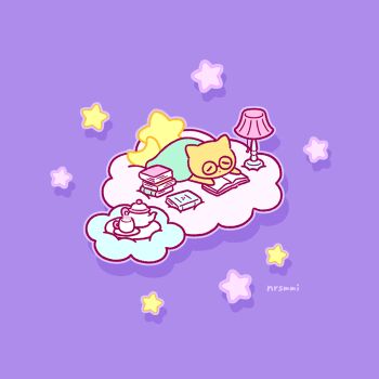 animal animal_focus animated animated_gif blanket book book_stack cat closed_eyes cloud commentary crescent drop_shadow english_commentary looping_animation mai_narushima no_humans open_book original purple_background round_eyewear signature simple_background solo star_(symbol) steam teapot under_covers yume_kawaii