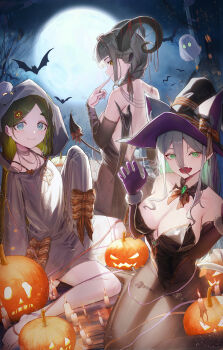 3girls :d absurdres animal backless_outfit bare_shoulders barefoot bat_(animal) black_leotard black_shoes blue_eyes blue_sky bow braid breasts bridal_gauntlets brown_bow brown_eyes brown_pantyhose candle cleavage closed_mouth collarbone commentary_request fang finger_to_mouth fire fishnet_pantyhose fishnets full_moon ghost ghost_costume gloves green_eyes green_hair grey_hair hair_between_eyes hair_ornament hair_over_shoulder hairclip halloween high_heels highres horns jack-o&#039;-lantern jack-o&#039;-lantern_hair_ornament lantern large_breasts leotard long_hair moon multicolored_hair multiple_girls night night_sky open_mouth original outdoors pantyhose purple_gloves shoes short_eyebrows sitting sky sleeves_past_fingers sleeves_past_wrists smile striped_bow tail taku57 thick_eyebrows two-tone_hair very_long_hair wariza wings