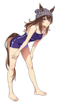 1girl animal_ears artist_request bare_legs barefoot beanie breasts brown_hair brown_tail closed_mouth collarbone feet female_focus full_body hat highres horse_ears horse_girl horse_tail legs long_hair looking_at_viewer nakayama_festa_(umamusume) one-piece_swimsuit pink_eyes purple_one-piece_swimsuit purple_shorts sexually_suggestive shorts simple_background sleeveless small_breasts solo solo_focus striped_beanie swimsuit tail thighs toes tracen_swimsuit umamusume white_background