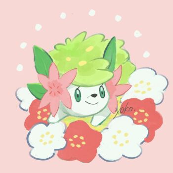 Rule 34 | closed mouth, commentary request, flower, gen 4 pokemon, green eyes, hedgehog, highres, legendary pokemon, mythical pokemon, nintendo, no humans, ohayo am3, pink background, pink flower, pokemon, pokemon (creature), pokemon focus, red flower, shaymin, shaymin (land), smile, solo, white flower