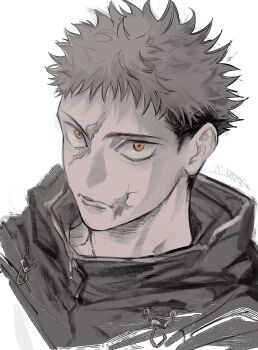 Rule 34 | 1boy, closed mouth, cropped shoulders, highres, hood, hooded jacket, itadori yuuji, jacket, jozpic, jujutsu kaisen, looking at viewer, male focus, orange eyes, portrait, scar, scar on face, scar on mouth, short hair, simple background, solo, undercut, white background