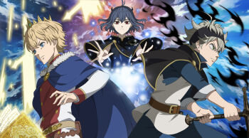 Rule 34 | 1girl, 2boys, absurdres, asta (black clover), belt, black capelet, black clover, black clover m: rise of the wizard king, black hair, blonde hair, blue cape, blue eyes, book, brown belt, cape, capelet, crown, green eyes, grimoire, highres, holding, holding sword, holding weapon, incredibly absurdres, looking at viewer, lumiere silvamillion clover, multiple boys, non-web source, official art, open book, red eyes, red shirt, secre swallowtail, shirt, short hair, sword, two-tone shirt, weapon, white shirt