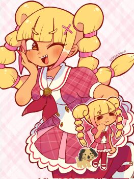 Rule 34 | 1girl, = =, blonde hair, brown eyes, buttons, chibi, chibi inset, closed mouth, commentary, corrupted twitter file, crystal (tomodachi life: living the dream), dark-skinned female, dark skin, dog, english commentary, fang, fangs, gradient hair, gyaru, hair ornament, hand on own cheek, hand on own face, highres, light blush, multi-tied hair, multicolored hair, neckerchief, one eye closed, open mouth, outline, patterned background, pink hair, pink nails, pink scrunchie, pink shirt, pink skirt, plaid clothes, plaid shirt, red neckerchief, red thighhighs, sailor collar, sandals, scrunchie, shirt, signature, skin fang, skirt, sofo soup, sparkling eyes, thighhighs, tomodachi life, tomodachi life: living the dream, white outline, white sailor collar, white sandals, x hair ornament