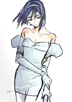 Rule 34 | 1girl, alien stage, bare shoulders, black hair, closed mouth, commentary request, cowboy shot, dress, elbow gloves, flat chest, fujikura1234, gloves, hairband, hand on own arm, highres, holding, juliet sleeves, long sleeves, looking to the side, off-shoulder dress, off shoulder, puffy sleeves, purple eyes, short hair, signature, simple background, sketch, solo, sua (alien stage), white background, white gloves, white hairband