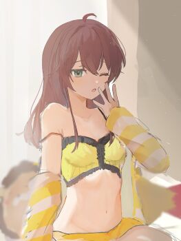 1girl ;o ahoge bare_shoulders blue_eyes blush breasts brown_hair camisole collarbone commentary frilled_camisole frills green_eyes hair_between_eyes hair_down highres hololive jacket long_hair long_sleeves looking_at_viewer loungewear midriff natsuiro_matsuri natsuiro_matsuri_(matsuri&#039;s_day_off) navel off_shoulder official_alternate_costume one_eye_closed open_mouth pajamas shorts sitting sketch sleepwear sleepy small_breasts solo strap_slip striped_clothes striped_jacket symbol-only_commentary virtual_youtuber waking_up yawning yellow_camisole yomiya_amaneko