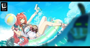 1girl 2others afloat ahoge animal anklet armband ball bangboo_(zenless_zone_zero) bare_shoulders beachball blue_sky blurry blurry_foreground bracelet braid braided_twintails camera camera_around_neck cloud copyright_logo copyright_name eous_(zenless_zone_zero) eyewear_on_head facial_mark gradient-tinted_eyewear green_armband green_eyes grin hair_ornament hair_ribbon hashtag-only_commentary hearing_aid heart heart-shaped_eyewear heart_facial_mark highres holding holding_water_gun jewelry kamanosuke_(zenless_zone_zero) letterboxed logo long_hair looking_to_the_side multiple_others official_alternate_costume one-piece_swimsuit outdoors pink_armband raccoon red_hair ribbon sky smile sphere_hair_ornament splashing swim_ring swimsuit tanuki thigh_strap tinted_eyewear two-tone_one-piece_swimsuit ukinami_yuzuha ukinami_yuzuha_(tanuki_in_broad_daylight) water water_gun white_ribbon wolfour zenless_zone_zero